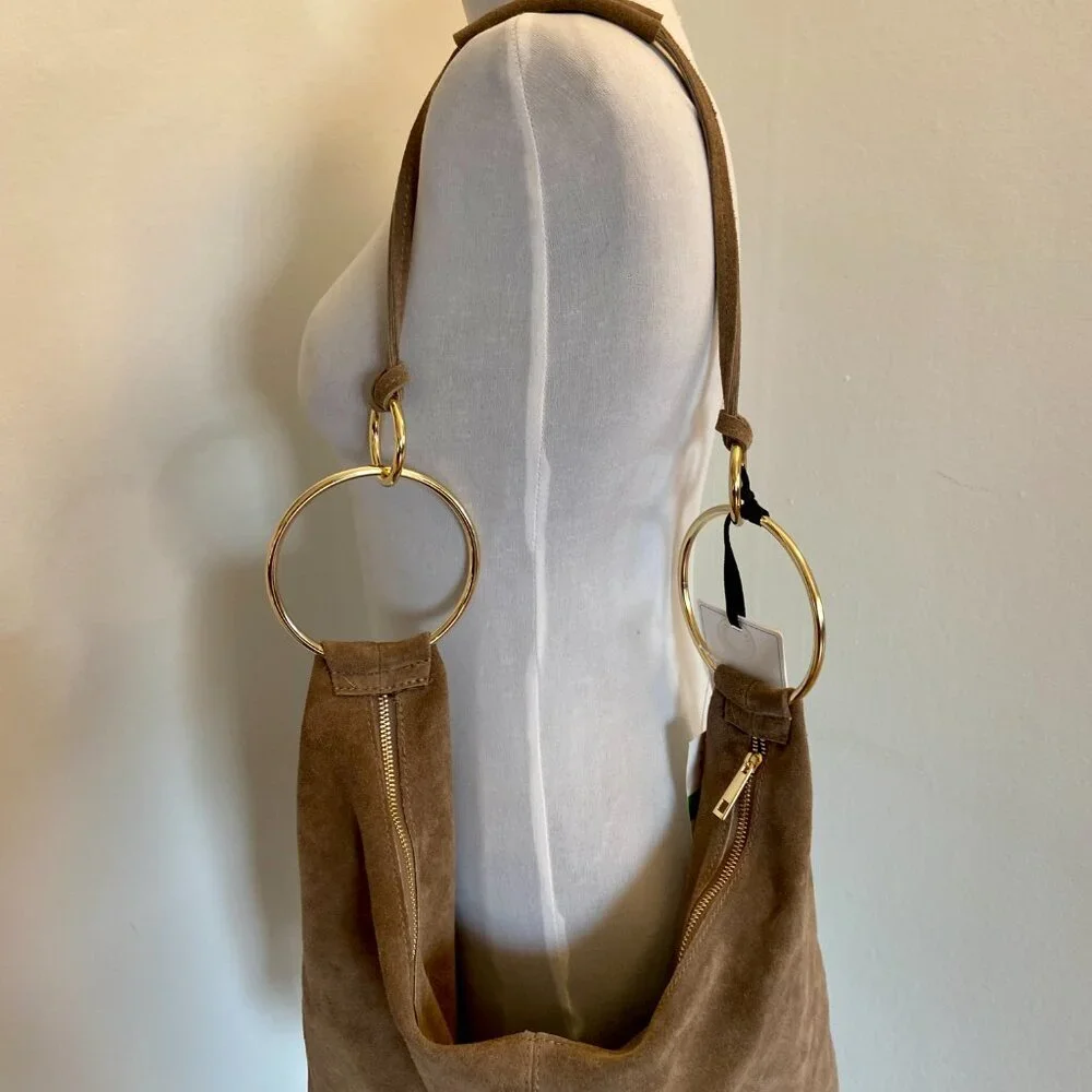 Marlon Borsa Art Rosita Italy Suede Leather Rings Taupe Hobo Tan Slouchy NEW - Picture 7 of 14